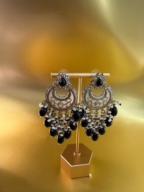 Elegant Black Pearl Chandbali Earrings with Crystal Accents